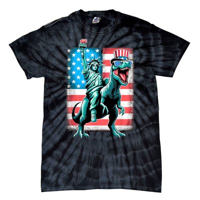 Dino Statue Of Liberty 4th Of July American Flag Tie-Dye T-Shirt