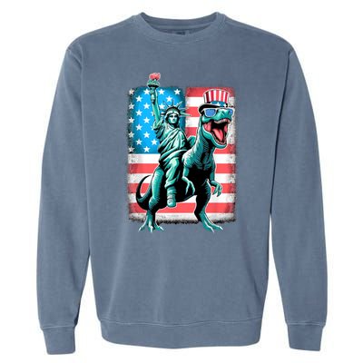 Dino Statue Of Liberty 4th Of July American Flag Garment-Dyed Sweatshirt