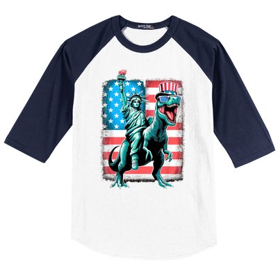 Dino Statue Of Liberty 4th Of July American Flag Baseball Sleeve Shirt