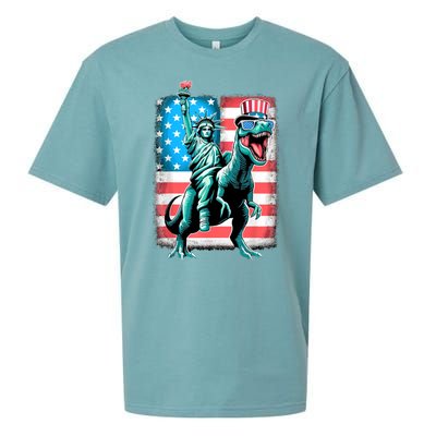 Dino Statue Of Liberty 4th Of July American Flag Sueded Cloud Jersey T-Shirt