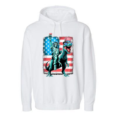 Dino Statue Of Liberty 4th Of July American Flag Garment-Dyed Fleece Hoodie