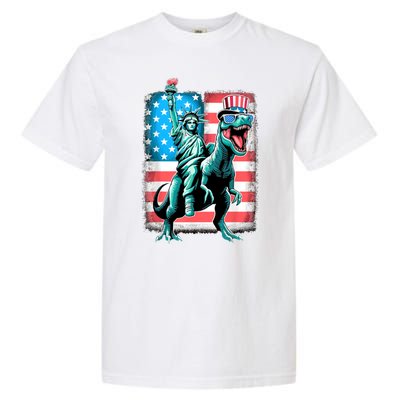 Dino Statue Of Liberty 4th Of July American Flag Garment-Dyed Heavyweight T-Shirt