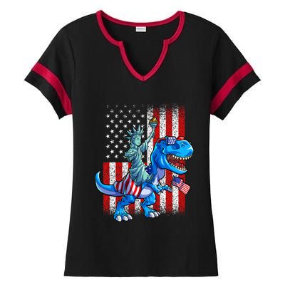 Dino Statue Of Liberty 4th Of July Boy American Flag Ladies Halftime Notch Neck Tee