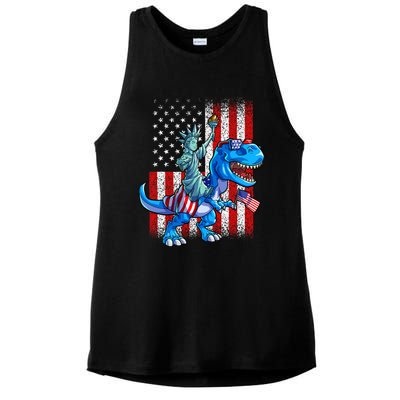 Dino Statue Of Liberty 4th Of July Boy American Flag Ladies PosiCharge Tri-Blend Wicking Tank