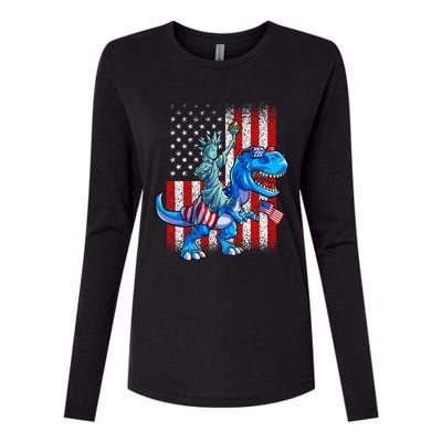 Dino Statue Of Liberty 4th Of July Boy American Flag Womens Cotton Relaxed Long Sleeve T-Shirt