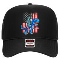 Dino Statue Of Liberty 4th Of July Boy American Flag High Crown Mesh Back Trucker Hat