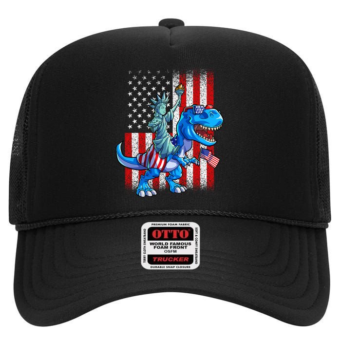 Dino Statue Of Liberty 4th Of July Boy American Flag High Crown Mesh Back Trucker Hat