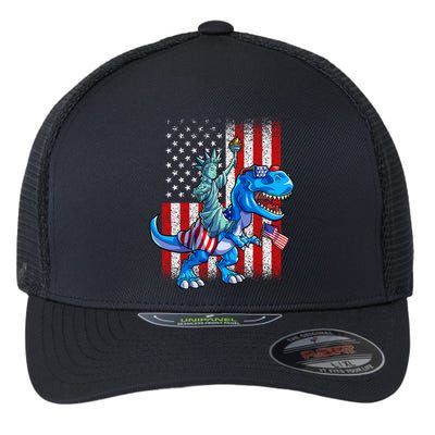 Dino Statue Of Liberty 4th Of July Boy American Flag Flexfit Unipanel Trucker Cap