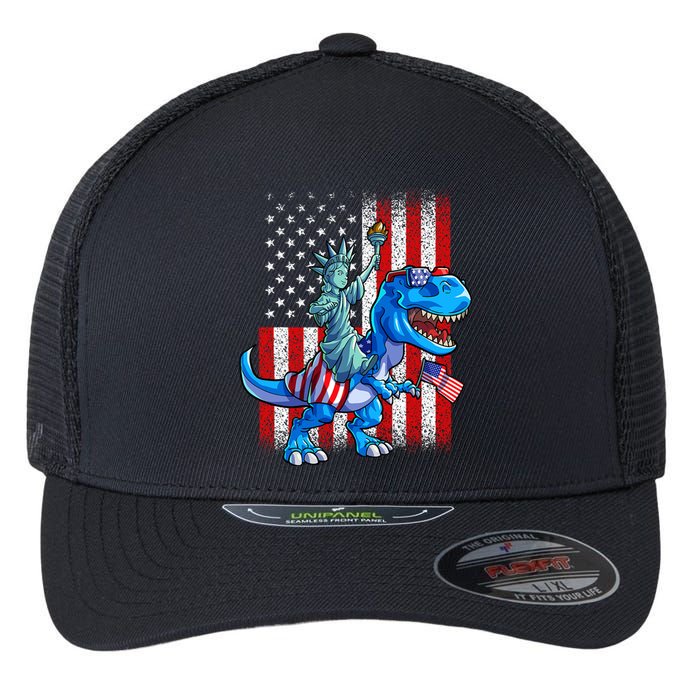 Dino Statue Of Liberty 4th Of July Boy American Flag Flexfit Unipanel Trucker Cap