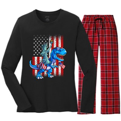 Dino Statue Of Liberty 4th Of July Boy American Flag Women's Long Sleeve Flannel Pajama Set 