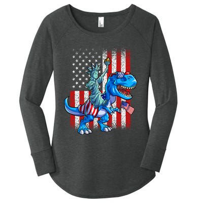 Dino Statue Of Liberty 4th Of July Boy American Flag Women's Perfect Tri Tunic Long Sleeve Shirt