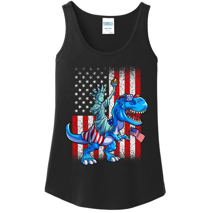 Dino Statue Of Liberty 4th Of July Boy American Flag Ladies Essential Tank