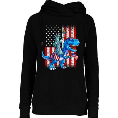 Dino Statue Of Liberty 4th Of July Boy American Flag Womens Funnel Neck Pullover Hood