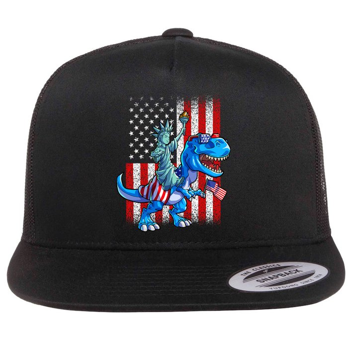 Dino Statue Of Liberty 4th Of July Boy American Flag Flat Bill Trucker Hat