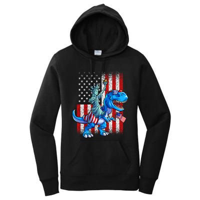 Dino Statue Of Liberty 4th Of July Boy American Flag Women's Pullover Hoodie