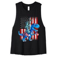 Dino Statue Of Liberty 4th Of July Boy American Flag Women's Racerback Cropped Tank