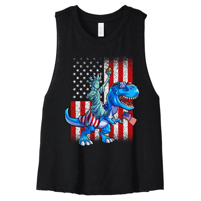 Dino Statue Of Liberty 4th Of July Boy American Flag Women's Racerback Cropped Tank