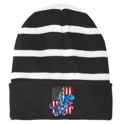 Dino Statue Of Liberty 4th Of July Boy American Flag Striped Beanie with Solid Band