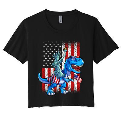 Dino Statue Of Liberty 4th Of July Boy American Flag Women's Crop Top Tee