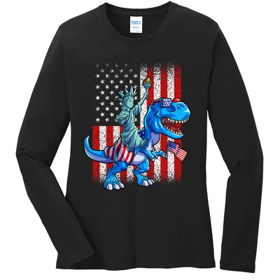 Dino Statue Of Liberty 4th Of July Boy American Flag Ladies Long Sleeve Shirt