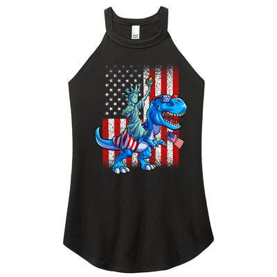 Dino Statue Of Liberty 4th Of July Boy American Flag Women's Perfect Tri Rocker Tank