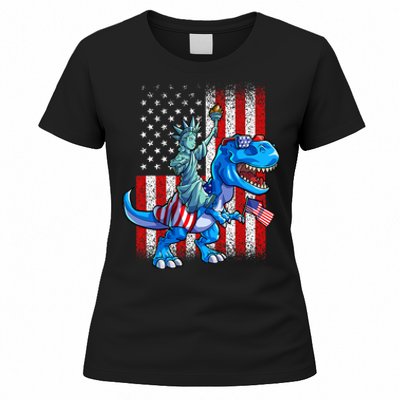 Dino Statue Of Liberty 4th Of July Boy American Flag Women's T-Shirt