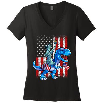 Dino Statue Of Liberty 4th Of July Boy American Flag Women's V-Neck T-Shirt