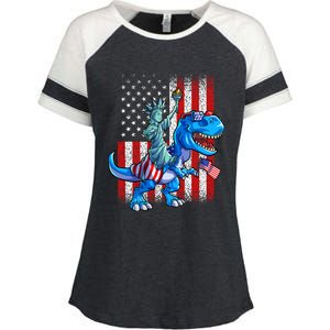 Dino Statue Of Liberty 4th Of July Boy American Flag Enza Ladies Jersey Colorblock Tee