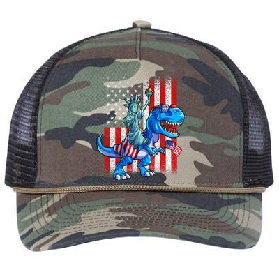 Dino Statue Of Liberty 4th Of July Boy American Flag Retro Rope Trucker Hat Cap