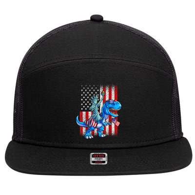 Dino Statue Of Liberty 4th Of July American Flag Patriotic 4th Of July Apparel B 7 Panel Mesh Trucker Snapback Hat