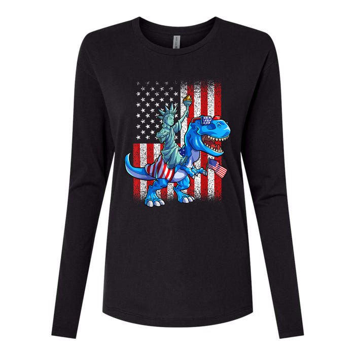 Dino Statue Of Liberty 4th Of July American Flag Patriotic 4th Of July Apparel B Womens Cotton Relaxed Long Sleeve T-Shirt