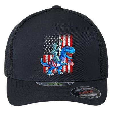 Dino Statue Of Liberty 4th Of July American Flag Patriotic 4th Of July Apparel B Flexfit Unipanel Trucker Cap