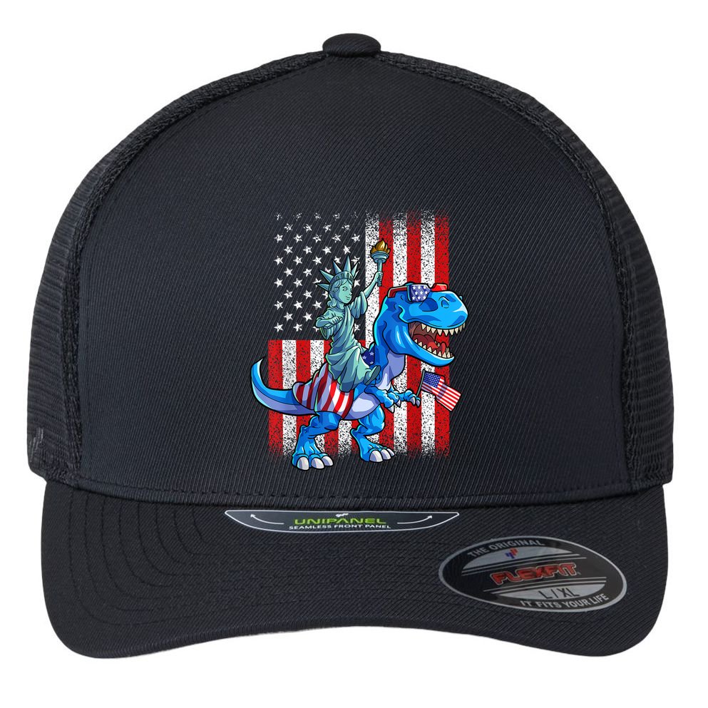 Dino Statue Of Liberty 4th Of July American Flag Patriotic 4th Of July Apparel B Flexfit Unipanel Trucker Cap