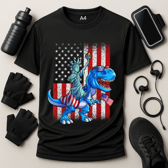 Dino Statue Of Liberty 4th Of July American Flag Patriotic 4th Of July Apparel B Performance Shirt
