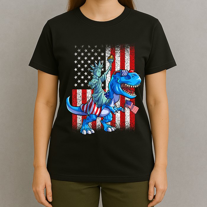 Dino Statue Of Liberty 4th Of July American Flag Patriotic 4th Of July Apparel B T-Shirt