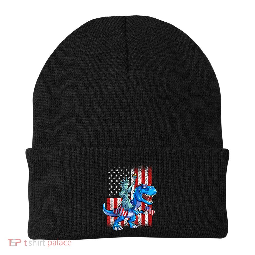 Dino Statue Of Liberty 4th Of July American Flag Patriotic 4th Of July Apparel B Beanie