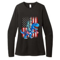 Dino Statue Of Liberty 4th Of July American Flag Patriotic 4th Of July Apparel B Womens CVC Long Sleeve Shirt