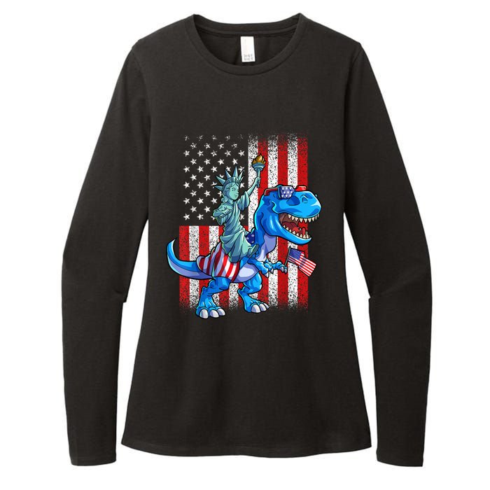 Dino Statue Of Liberty 4th Of July American Flag Patriotic 4th Of July Apparel B Womens CVC Long Sleeve Shirt