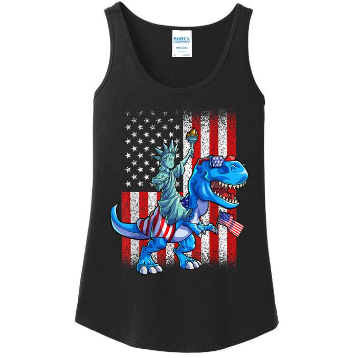 Dino Statue Of Liberty 4th Of July American Flag Patriotic 4th Of July Apparel B Ladies Essential Tank