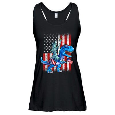 Dino Statue Of Liberty 4th Of July American Flag Patriotic 4th Of July Apparel B Ladies Essential Flowy Tank