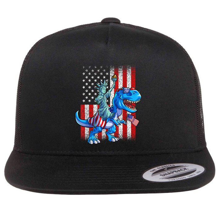 Dino Statue Of Liberty 4th Of July American Flag Patriotic 4th Of July Apparel B Flat Bill Trucker Hat