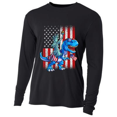 Dino Statue Of Liberty 4th Of July American Flag Patriotic 4th Of July Apparel B Cooling Performance Long Sleeve Crew