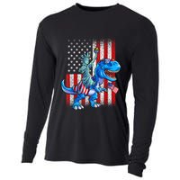 Dino Statue Of Liberty 4th Of July American Flag Patriotic 4th Of July Apparel B Cooling Performance Long Sleeve Crew