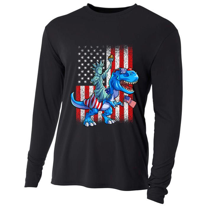 Dino Statue Of Liberty 4th Of July American Flag Patriotic 4th Of July Apparel B Cooling Performance Long Sleeve Crew