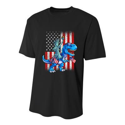 Dino Statue Of Liberty 4th Of July American Flag Patriotic 4th Of July Apparel B Youth Performance Sprint T-Shirt