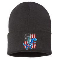 Dino Statue Of Liberty 4th Of July American Flag Patriotic 4th Of July Apparel B Sustainable Knit Beanie
