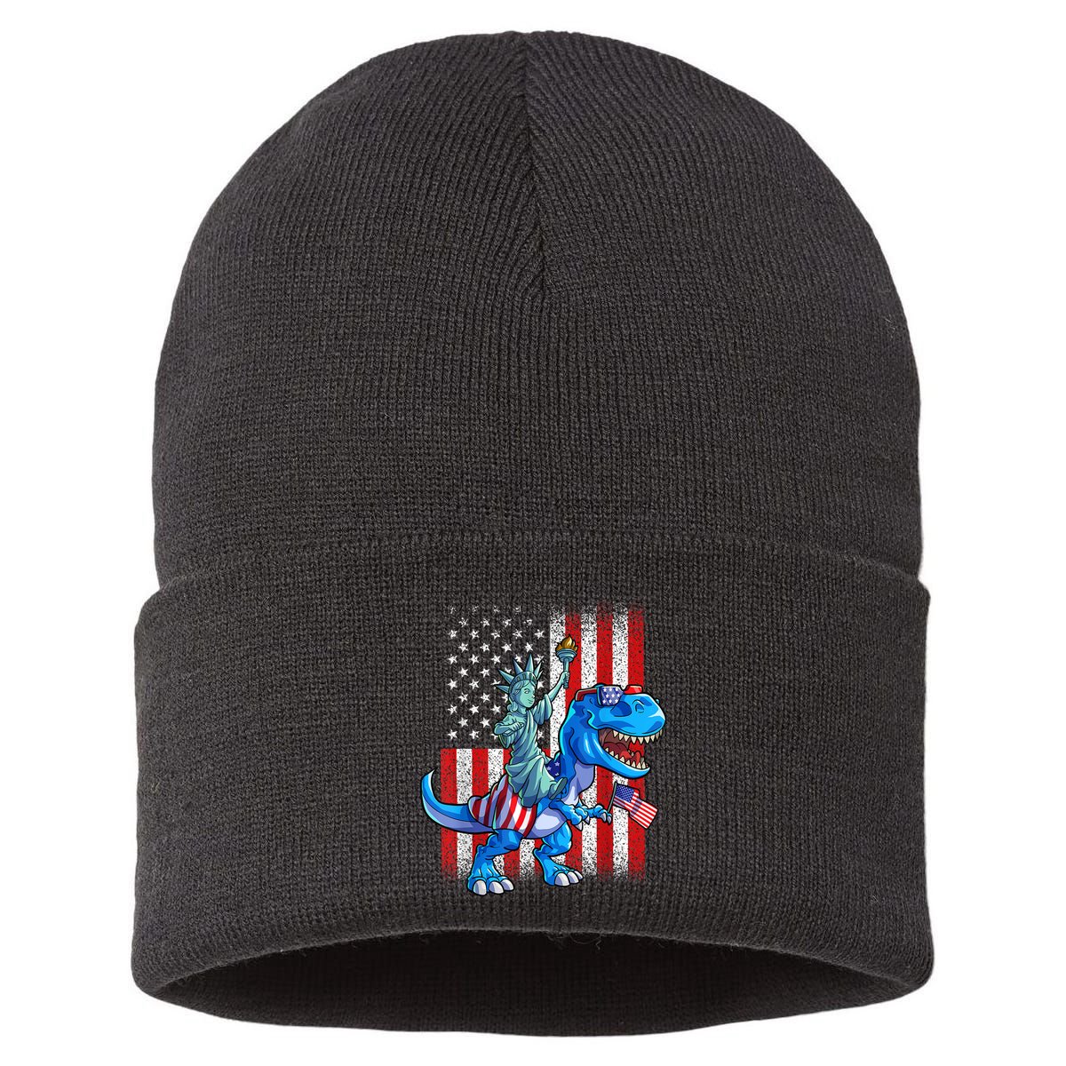 Dino Statue Of Liberty 4th Of July American Flag Patriotic 4th Of July Apparel B Sustainable Knit Beanie