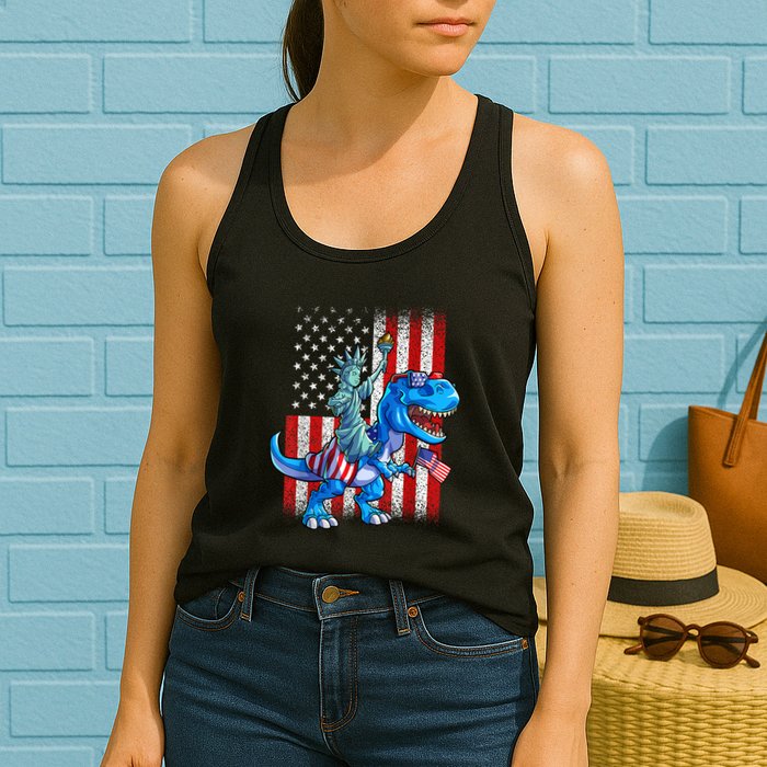 Dino Statue Of Liberty 4th Of July American Flag Patriotic 4th Of July Apparel B Womens Tank Top
