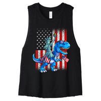 Dino Statue Of Liberty 4th Of July American Flag Patriotic 4th Of July Apparel B Women's Racerback Cropped Tank