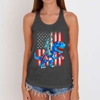 Dino Statue Of Liberty 4th Of July American Flag Patriotic 4th Of July Apparel B Women's Knotted Racerback Tank